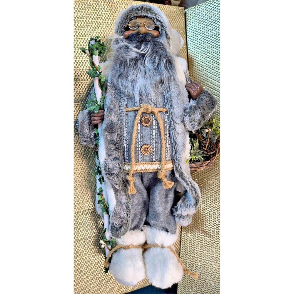 18" Santa Figurine w/Basket White/Gray Suit, African American Collectable